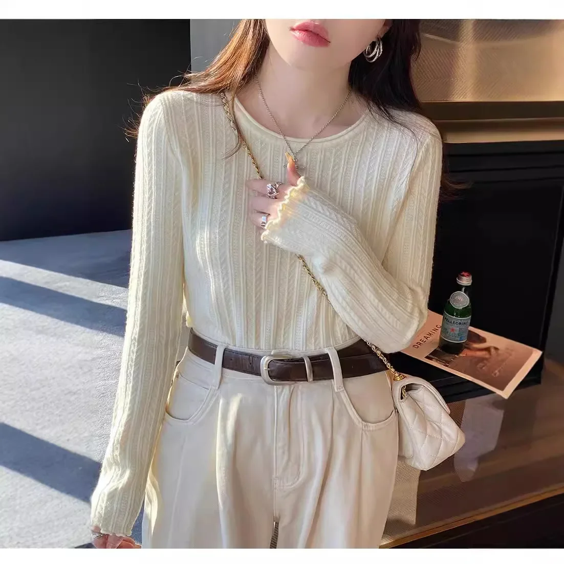 Women Sweaters O-neck Stretch Pullover Lady 2024 Autumn Winter Hollow Solid Color Sweater Top Bottoming Shirt Jumper Sueter