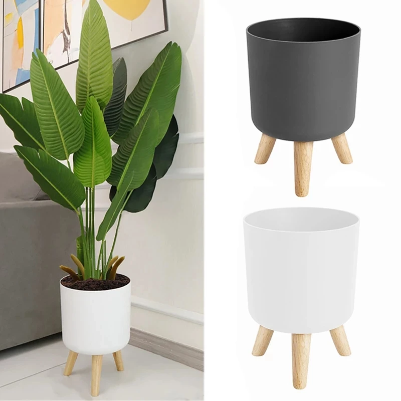 Hot Modern Plant Pots with Wooden Legs Holder Bedroom Living Room Floor Standing Potted Flower Pot Home Garden Planters -A