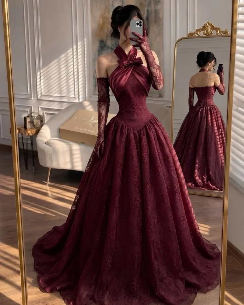 

Customized Modern Style Sexy Women Lace Ruched Bow A-Line Evening Dresses Elegant Halter Sleeveless Floor Lenght Prom Dresses