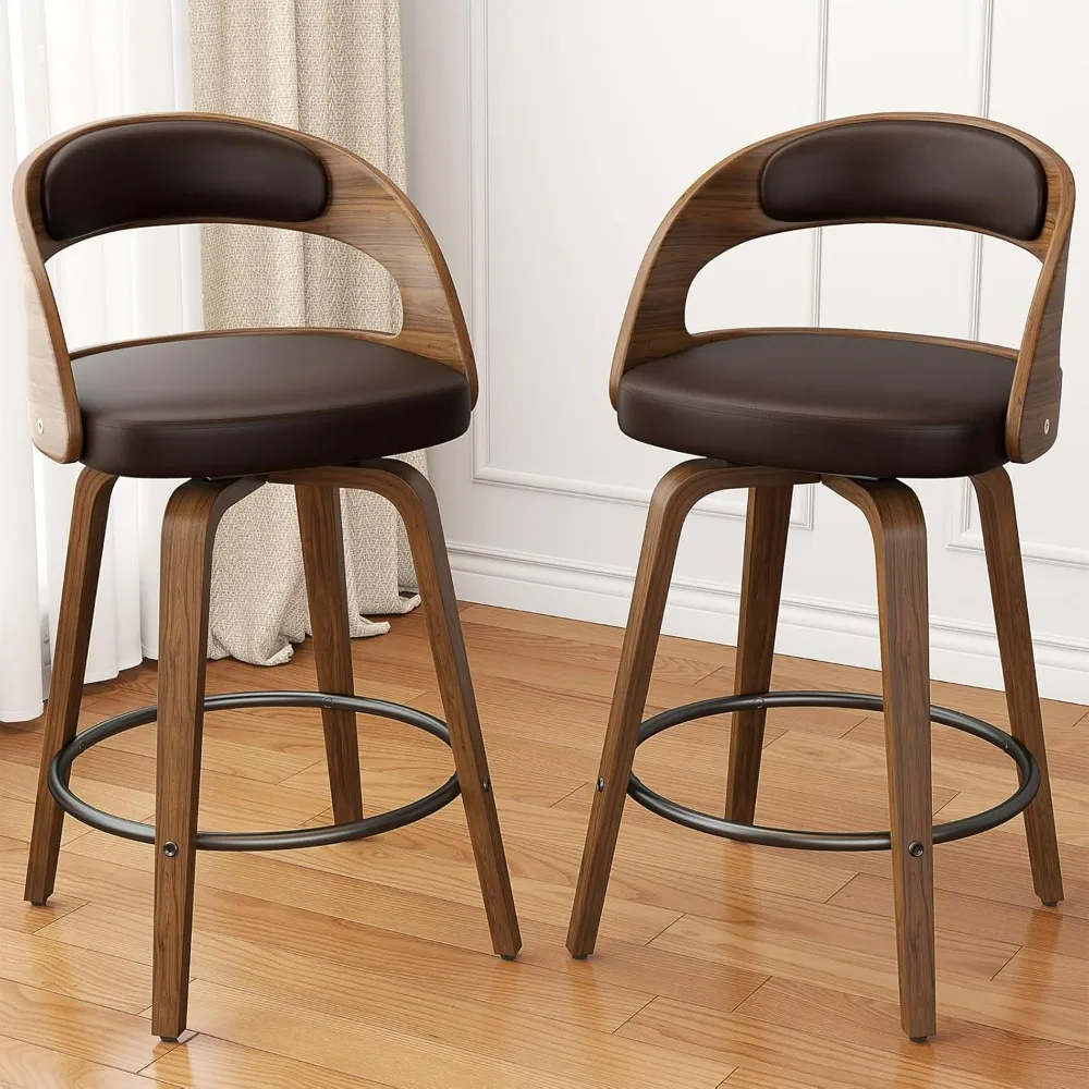 

26" Counter Height Bentwood Barstool, Mid-Century Modern PU Leather Upholstered Bar Chair with Back and Footrest,