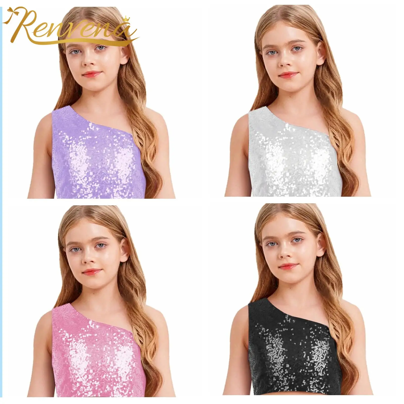 Children Tops for Girls Fashion Sparkly Sequin Spaghetti Strap Sleeveless Tops for Banquet Wedding Celebration Birthday Gift