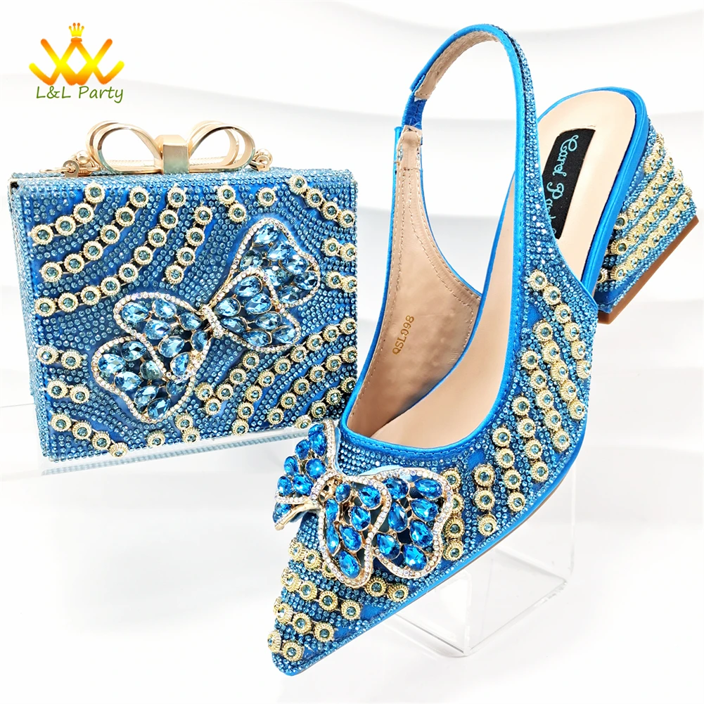 2025 INS Hot Sale African Women Shoes and Bag Set in Gold Color Sexy Style Special Design with Crystal for Wedding Party