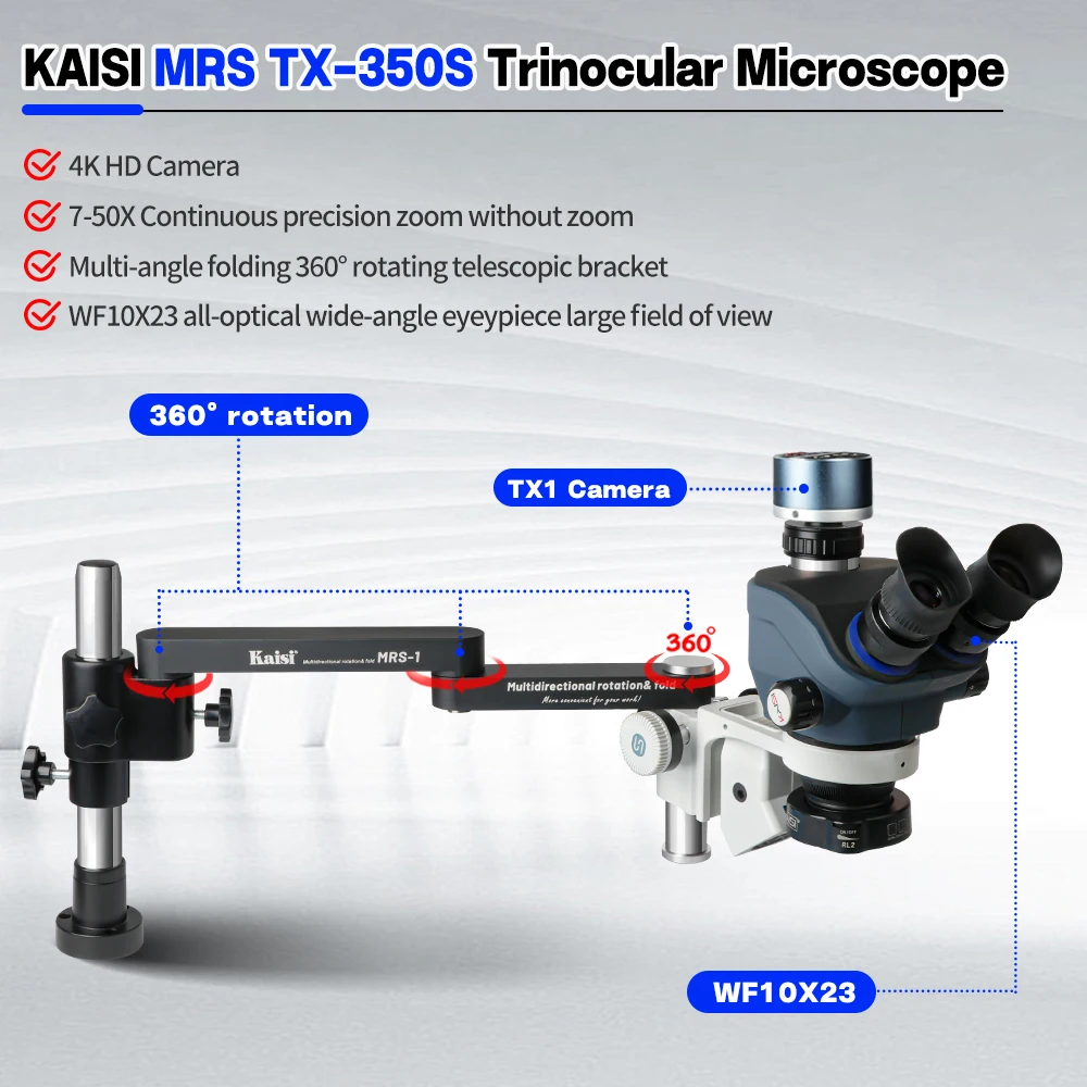 Kaisi MRS TX-350S microscopio Trinocular soporte plegable giratorio de 360 grados 4K HD cámara reparación de teléfonos herramientas de microscopio de soldadura