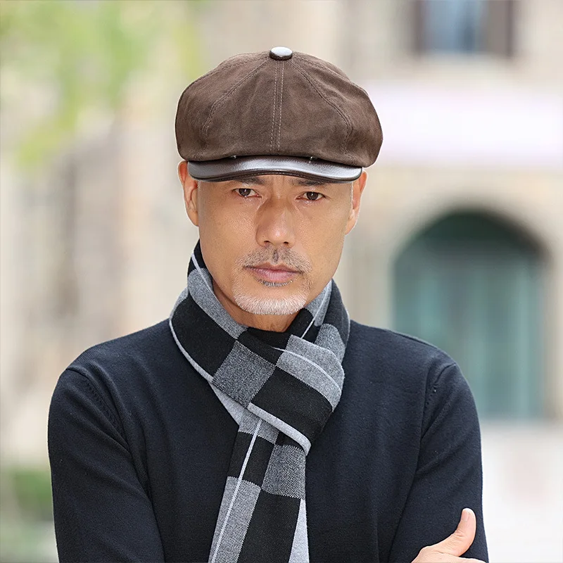 Men's Genuine Cowhide Leather Octagonal Cap Vintage Newsboy Hat Driving Flat Winter Male Artist Cap