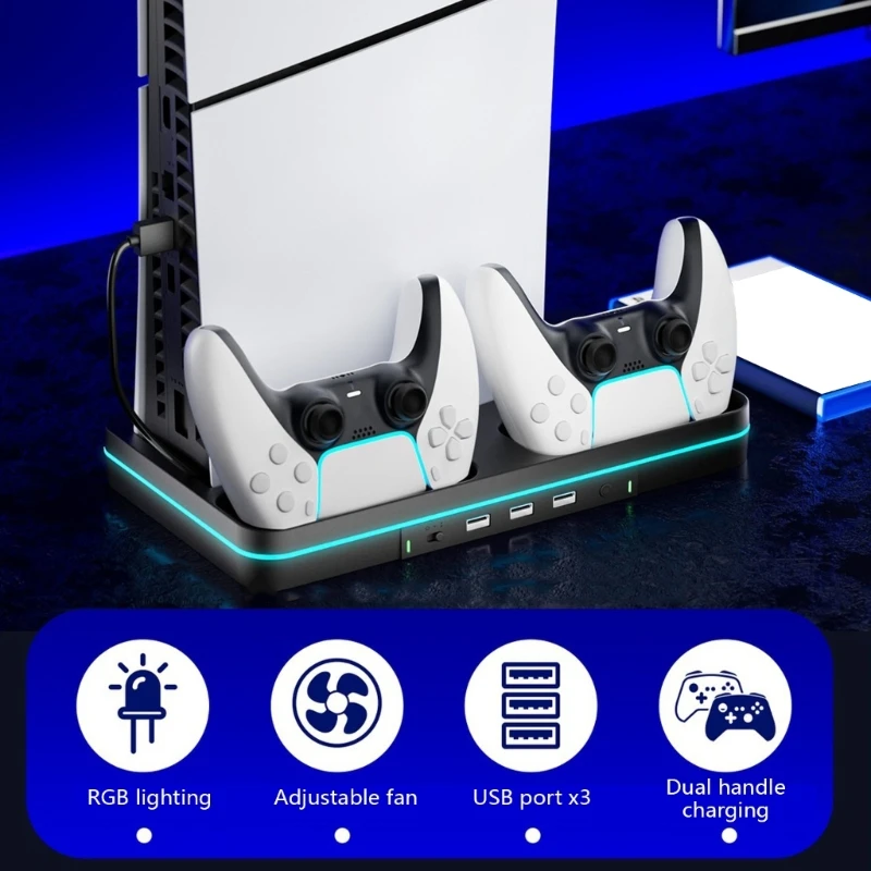 Multifunctional Cooling Stand with Controllers Charging Dock for P5 Slim Disc/Digital Consoles Cooling Station