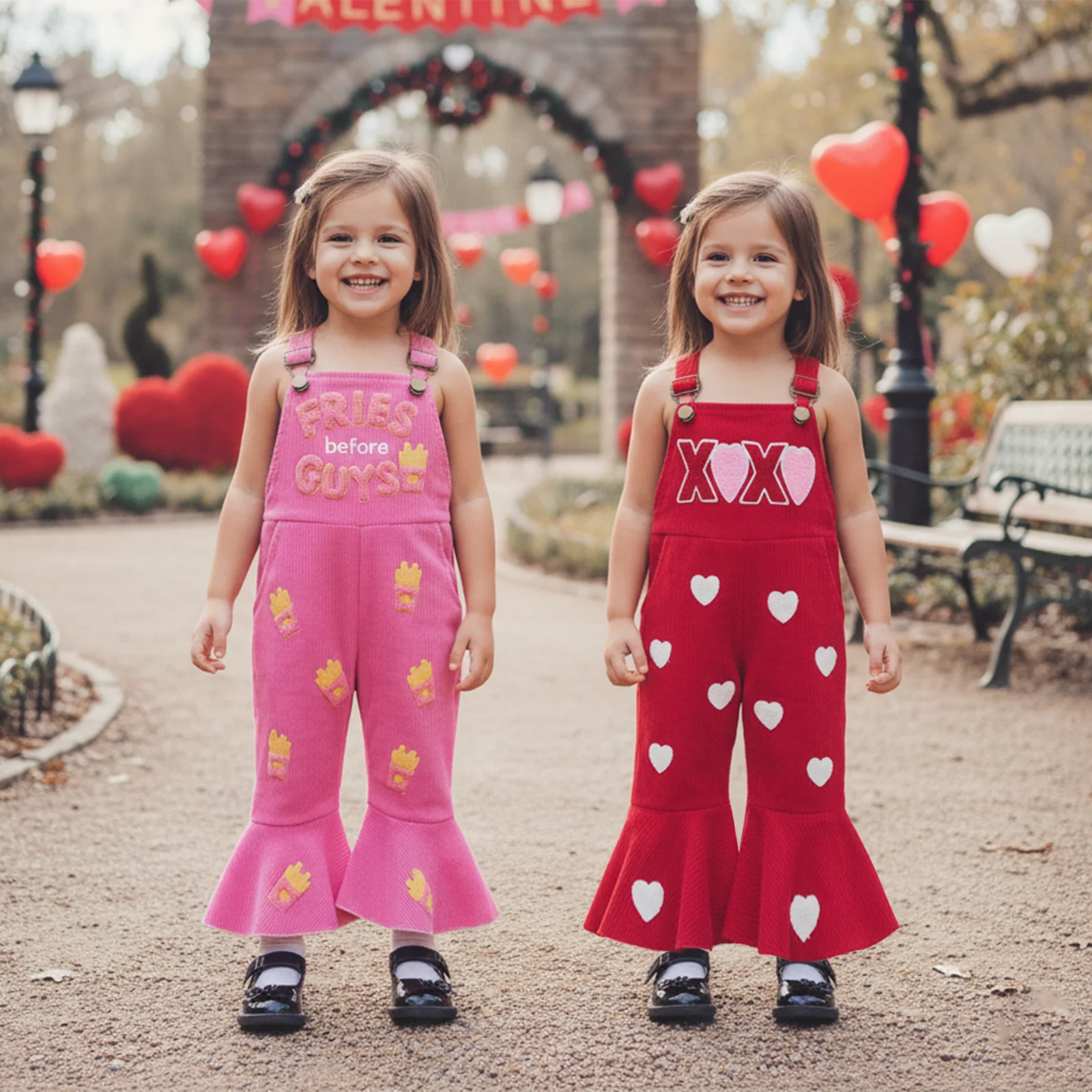 

Комбинезон для маленьких девочек на День святого Валентина, милый комбинезон без рукавов с вышивкой в ​​виде сердечек и буквами, брюки-комбинезон с карманами