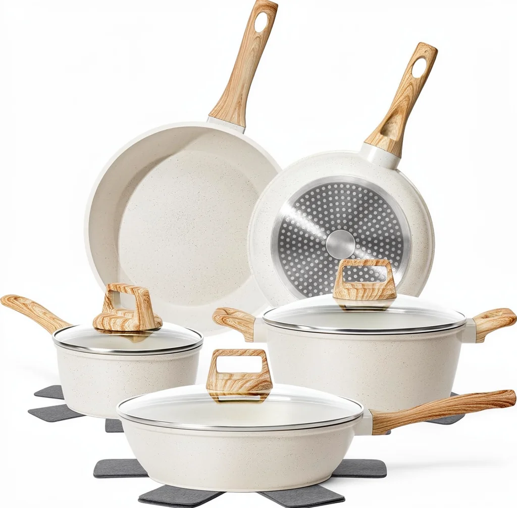 Custom 8-Piece Nonstick Multi-functional Pot Pan Set Silicone Handles White Granite Design Induction Cookware Dishwasher Safe