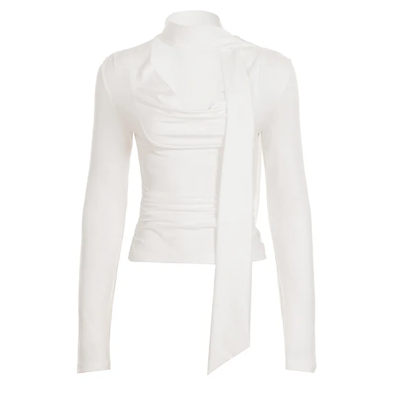 

Белая модная футболка, элегантный однотонный шарф с лентой, тонкие плиссированные футболки, топ, повседневный офисный шикарный сексуальный уличный топ, женские топы