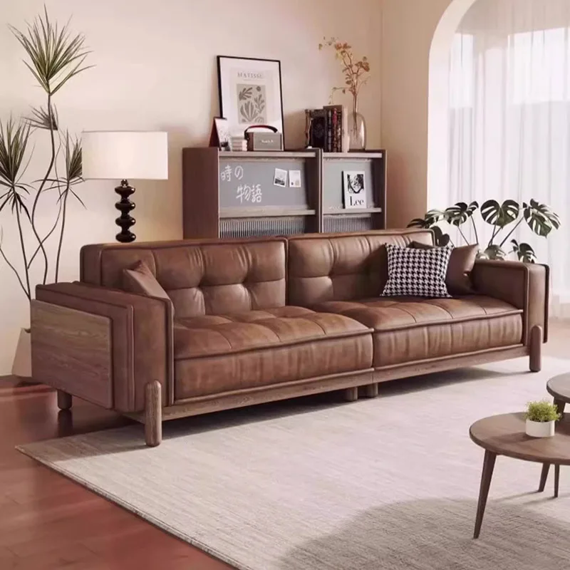 French retro style home size apartment living room leather sofa walnut new Chinese three people straight row