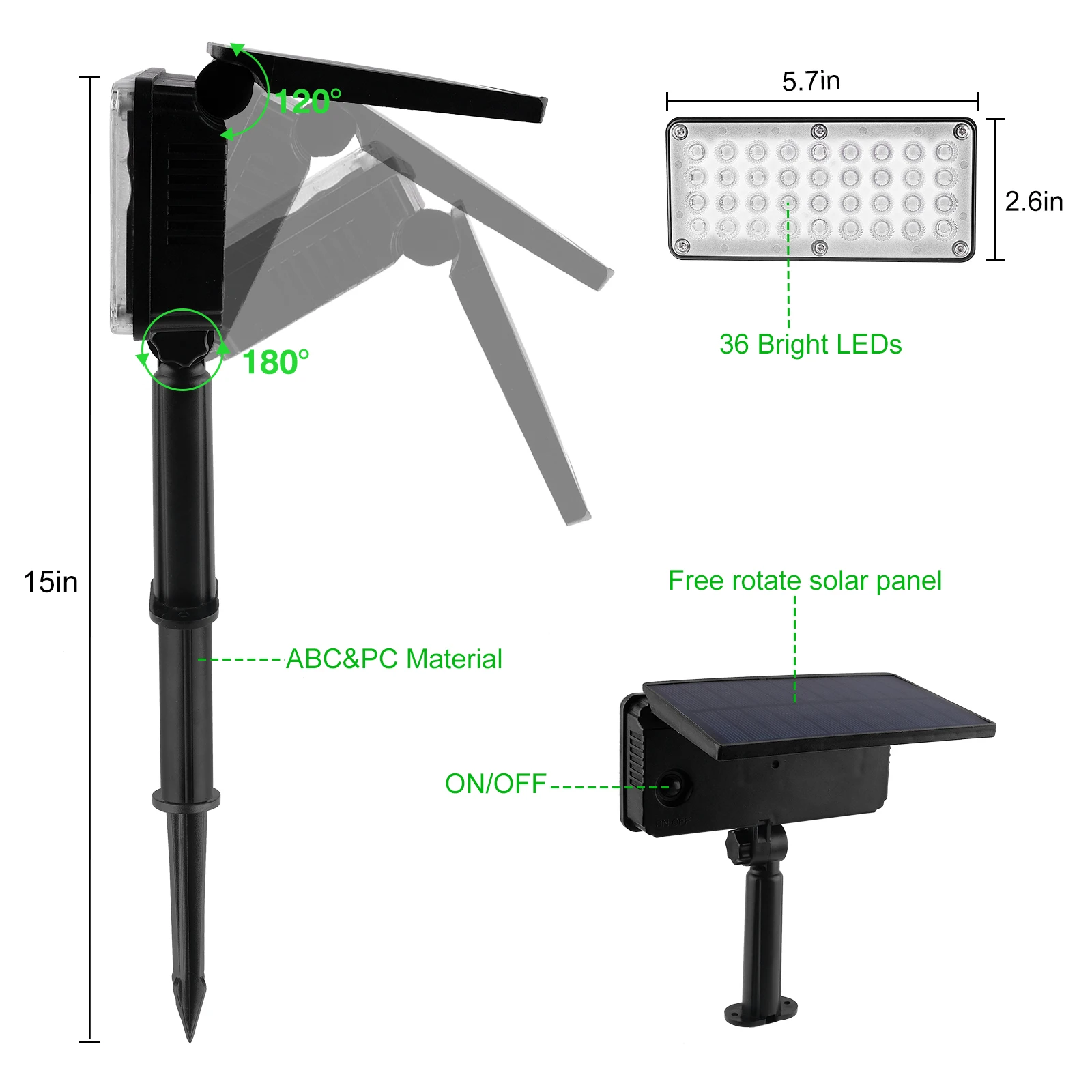 36 LED 태양광 LED 조명, 야외 IP65 솔라 램프, 야드, 경로, 나무 장식, 아웃도어 스포트라이트, 2 개입