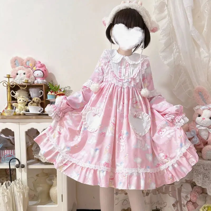 

Sweet Lolita OP Dress Autumn Girls Cute Lace Ruffles Cute Bunny Tea Party Dresses Women Cartoon Kawaii Chic Vestidos