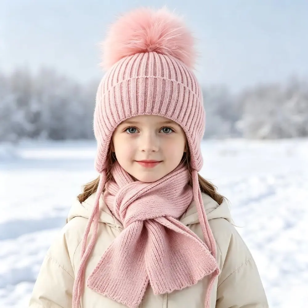 2pcs Winter Wool Scarf Hat Set Baby Real Fur Ball Hat Kids Boy Gir Knitted Stripe Beanies EarflapThick Warm Fleece Cap Outdoor