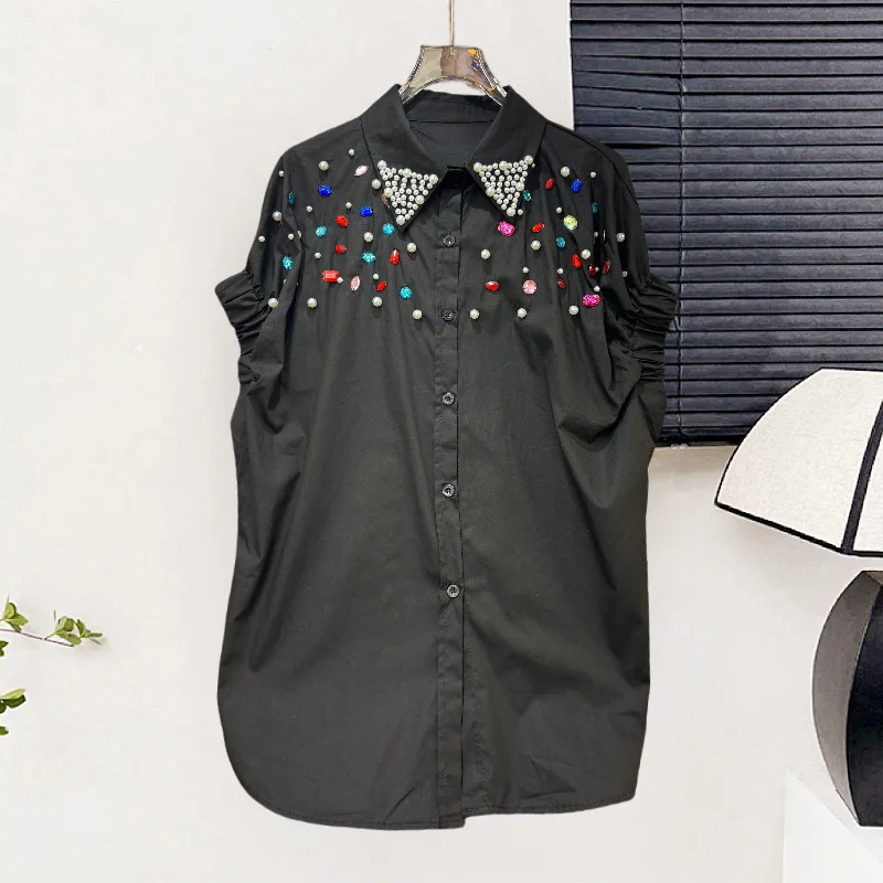 

Design Sense Heavy Craft Colorful Diamond Versatile Short Sleeve Shirt For Women 2025 Summer New Loose Stylish Single-Breasted