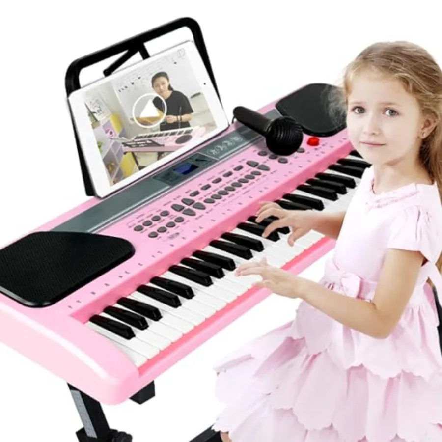 

61 Key Keyboard Piano for home practice, plastic black keyboard with built-in stereo speakers and microphone, compact stand inc