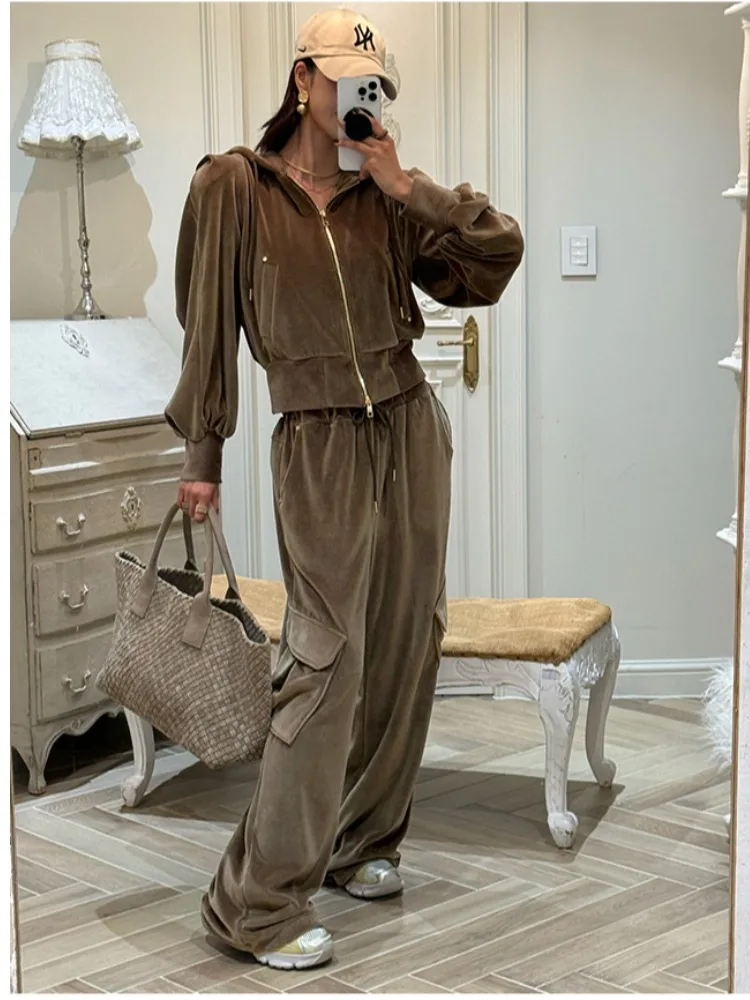 

Faionable Velvet Hoodie And Pants Set Women's High Waist Casual Workwear Autumn New Sle Street Snapots Campus Leisure