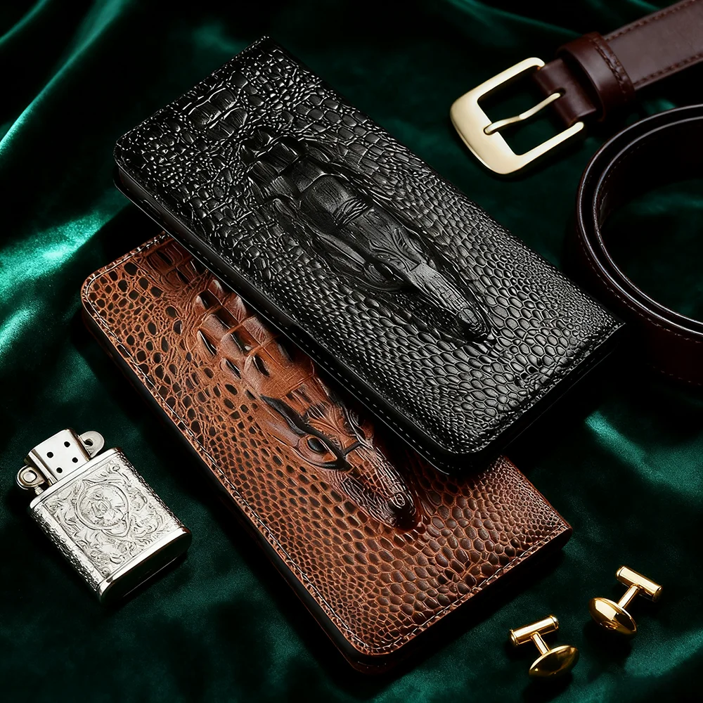 

Для Realme C53 C55 C65 C67 C71 C73 C75 C75X чехол-книжка из натуральной кожи с головой крокодила, магнитный чехол для телефона