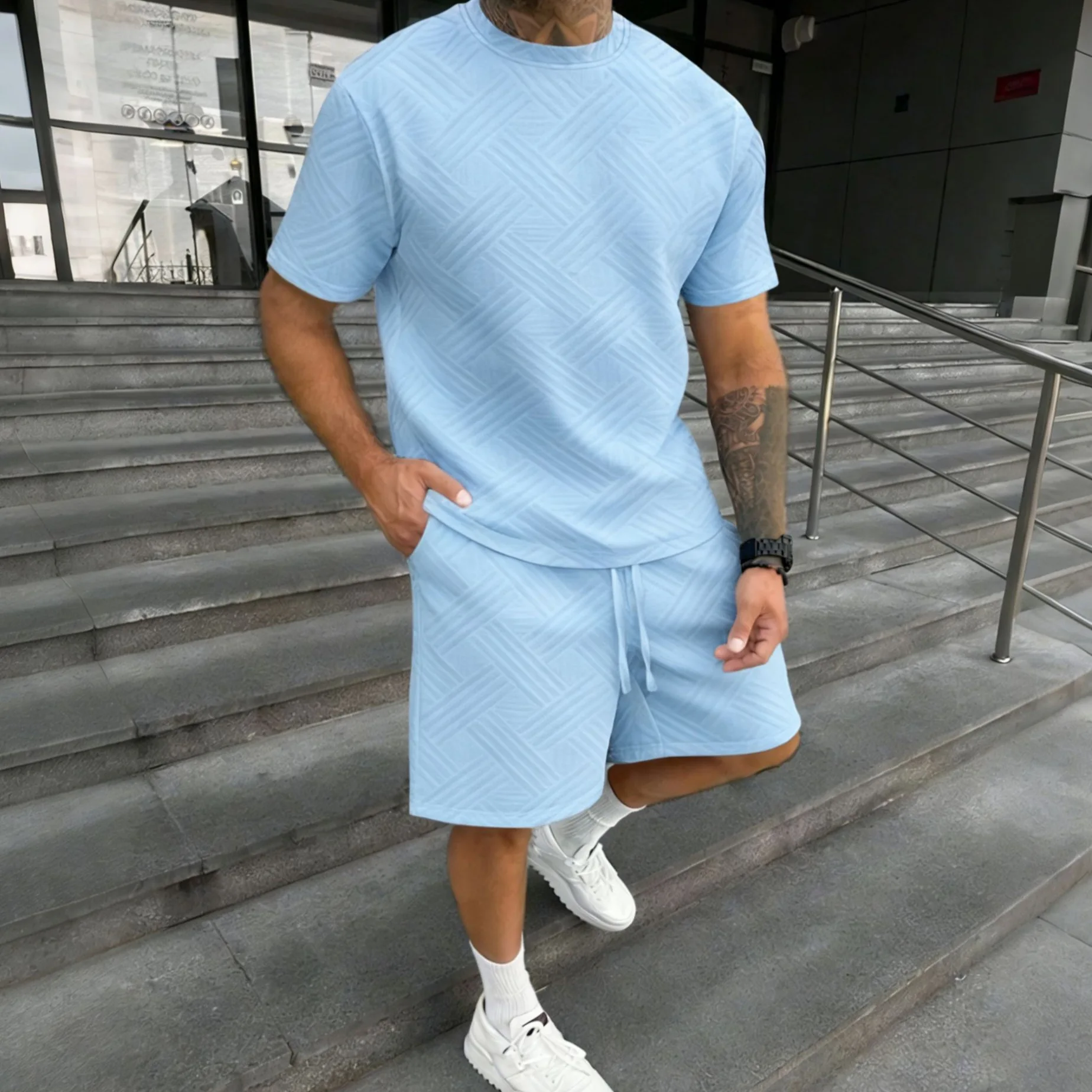 New men's summer jacquard short-sleeved shirt and short pants casual breathable… - Image 4