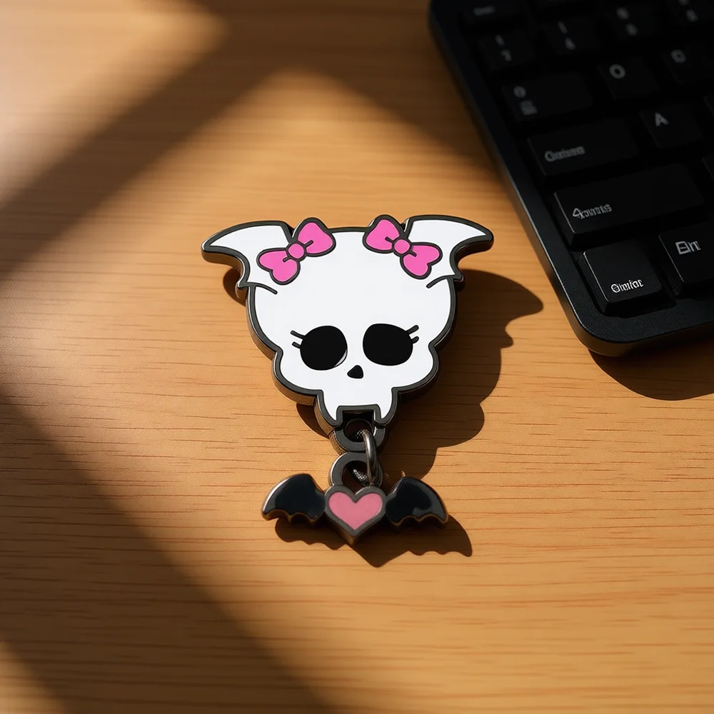 Monster-Animationsfilme Emaille-Pin Cartoon Schwarze Fledermaus Liebesschädel Rosa Schleife Broschen Vampir Reversnadel Anhänger Schmuck Geschenke – Detail 3