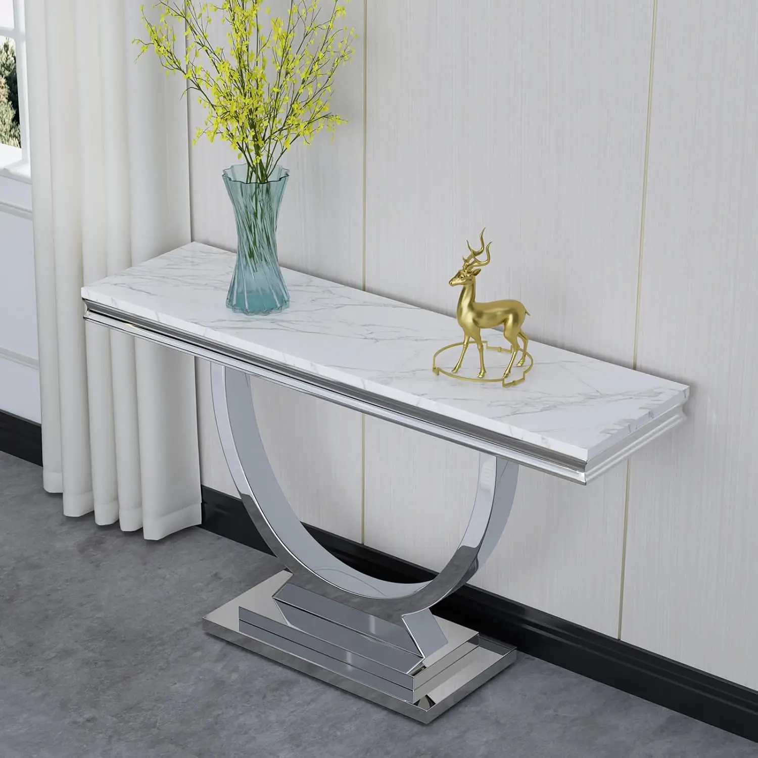 

Modern Rectangular Faux Marble Console Table Silver U-Shape Stainless Steel Base Living Room 0.71in Top, Customized