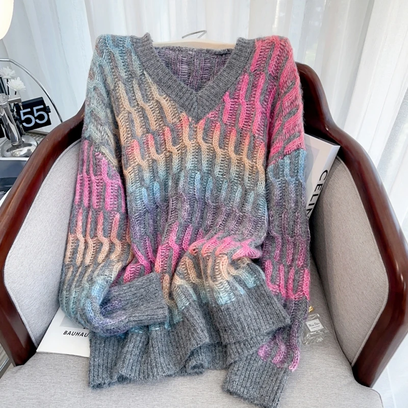 2024 Tie Dye Gray Sweater Fashion Winter Women's Cashmere V-Neck Knitted Contrast Color Jacket Loose Long Sleeves Female Top