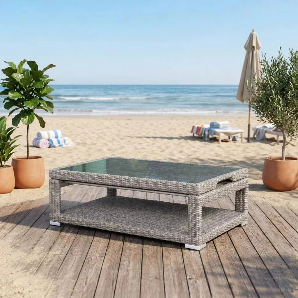 dd- Laval Lift-Top Modern Coffee Table Glass Top Aluminum Frame Rattan Height-Adjustable Outdoor Furniture