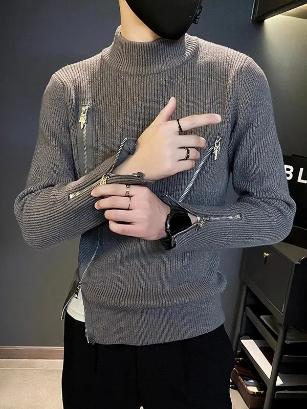 

Мужской вязаный свитер на молнии с высоким воротником, осенне-зимний, модный дизайн, уникальный стиль, для повседневной носки, длинный свитер