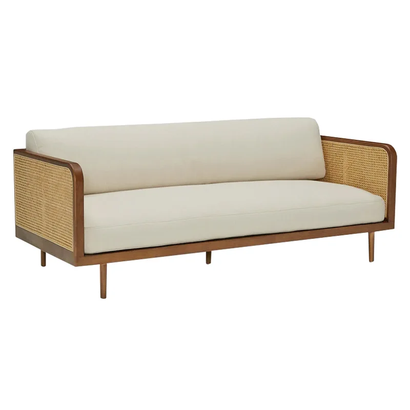 

Retro wooden rattan sofa Japanese-style small apartment living room solid wood double three-person coffee table combination simp