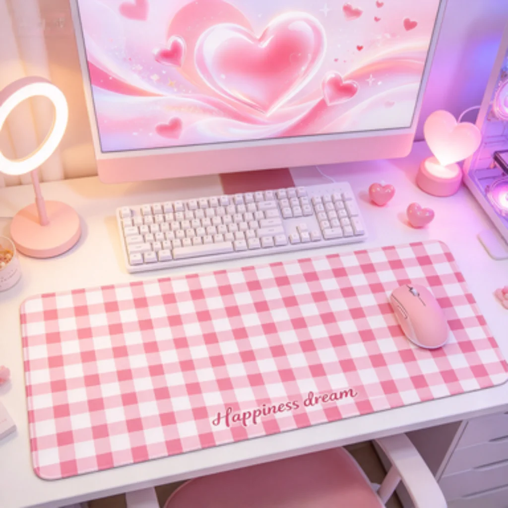 Alfombrilla de escritorio para niñas con diseño de cuadros blancos, alfombrilla para ratón con diseño de tablero de ajedrez y carita sonriente, accesorio para PC con diseño de perro teckel y arcoíris, alfombrilla para teclado con degradado de color rosa.