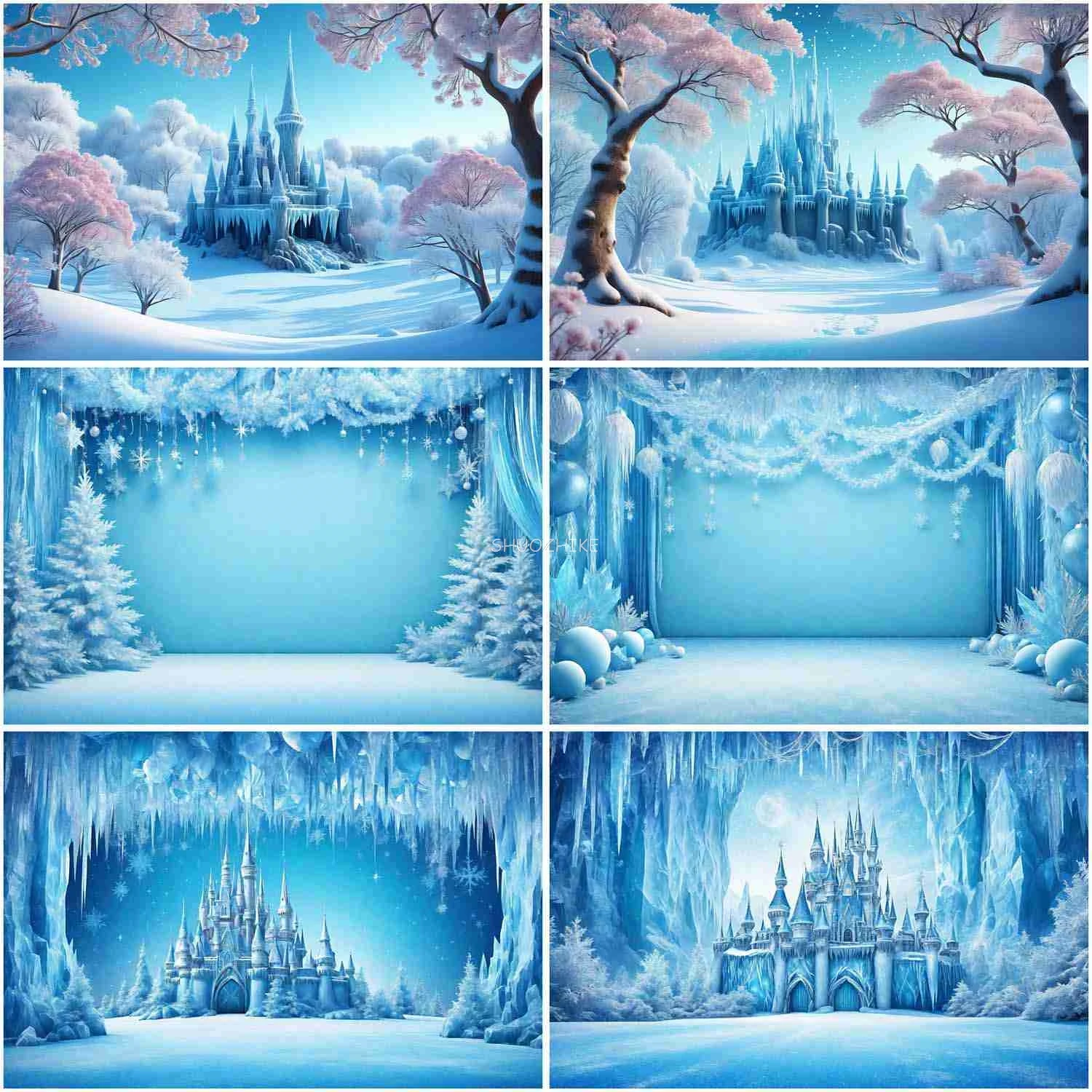 

Blue Curtain Birthday Princess Party Backdrop for Girls 3D Garland Castle Background Photography Photocall Props