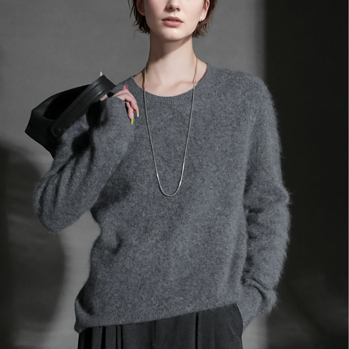 Maglioni girocollo in lana peluche da donna Maglioni basic con scollo a O Maglioni lunghi in lana spazzolata con lanugine 2025 Nuovo autunno inverno