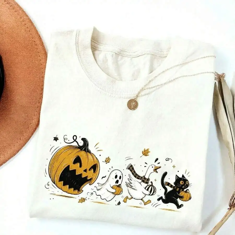 2026 Fashion New Retro Hand Drawn Ghost Goose Cat Pumpkin T-Shirt Women Halloween Print Short Sleeve Crewneck Fall Daily Basic Top Tee
