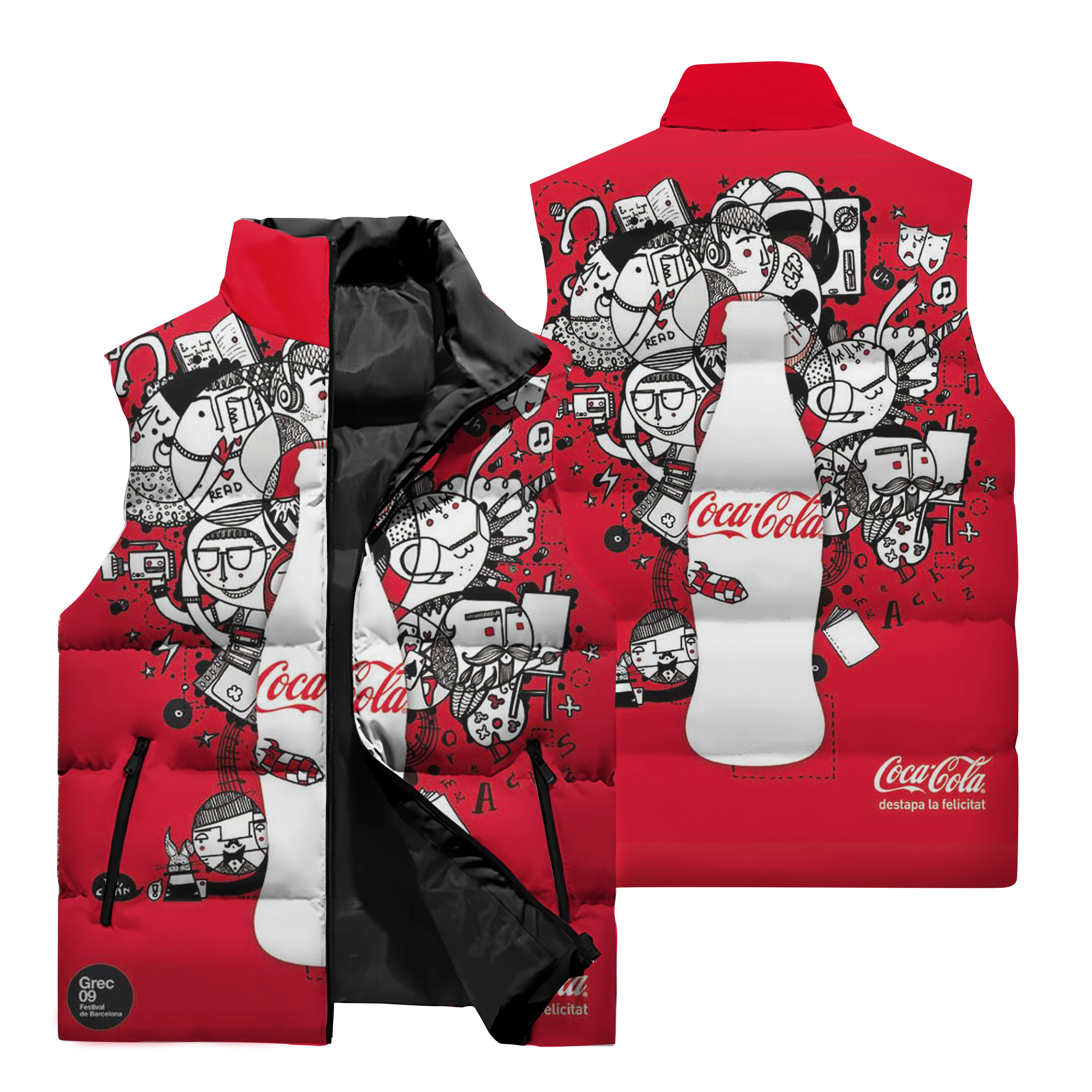 New 3D Coca-Cola Printed Men\'s Sleeveless Jacket Outdoor Sports Running Windproof Coat Men\'s Casual Stand-up Collar Zipper Vest