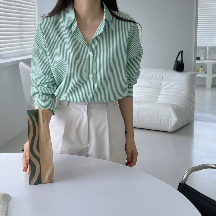Casual Stripe Shirt Korean Style Versatile Polyester Fiber Long Sleeve Thin Model for Women in Their Late Twenties