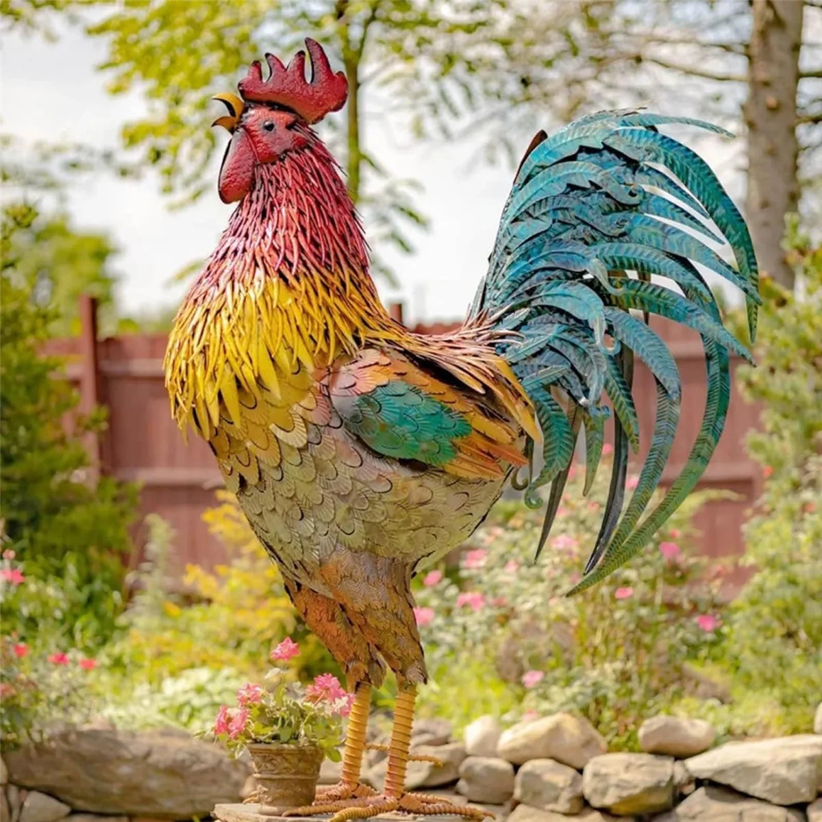 Metal Patriotic Rooster Porch Sign Sculptures Garden Courtyard Chicken Yard Art Decor Standing for Backyard Kitchen