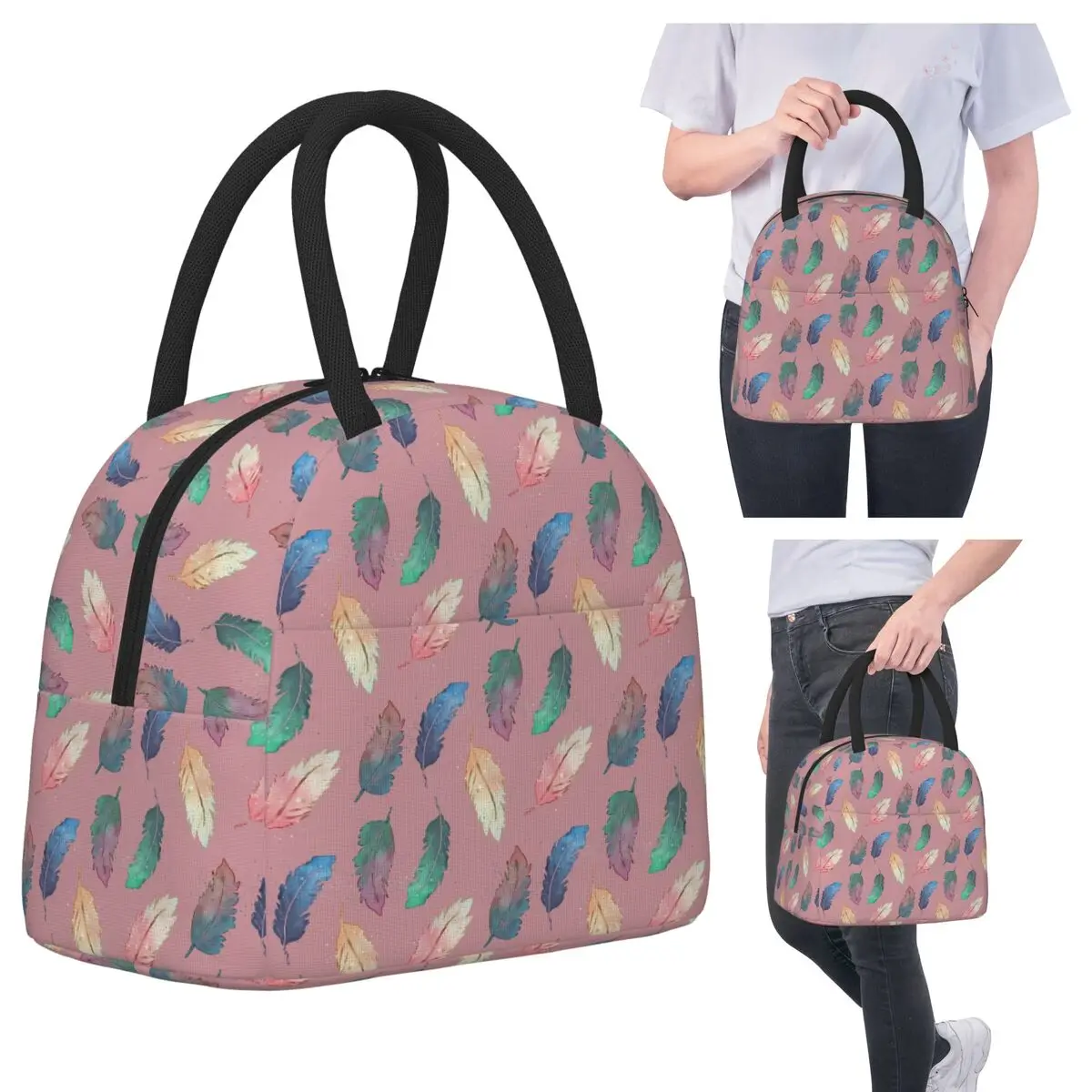 

Watercolor Boho Feather Insulated Lunch Bag for Kids School Cooler Thermal Food Box Tote Portable Lunch Boxes Container