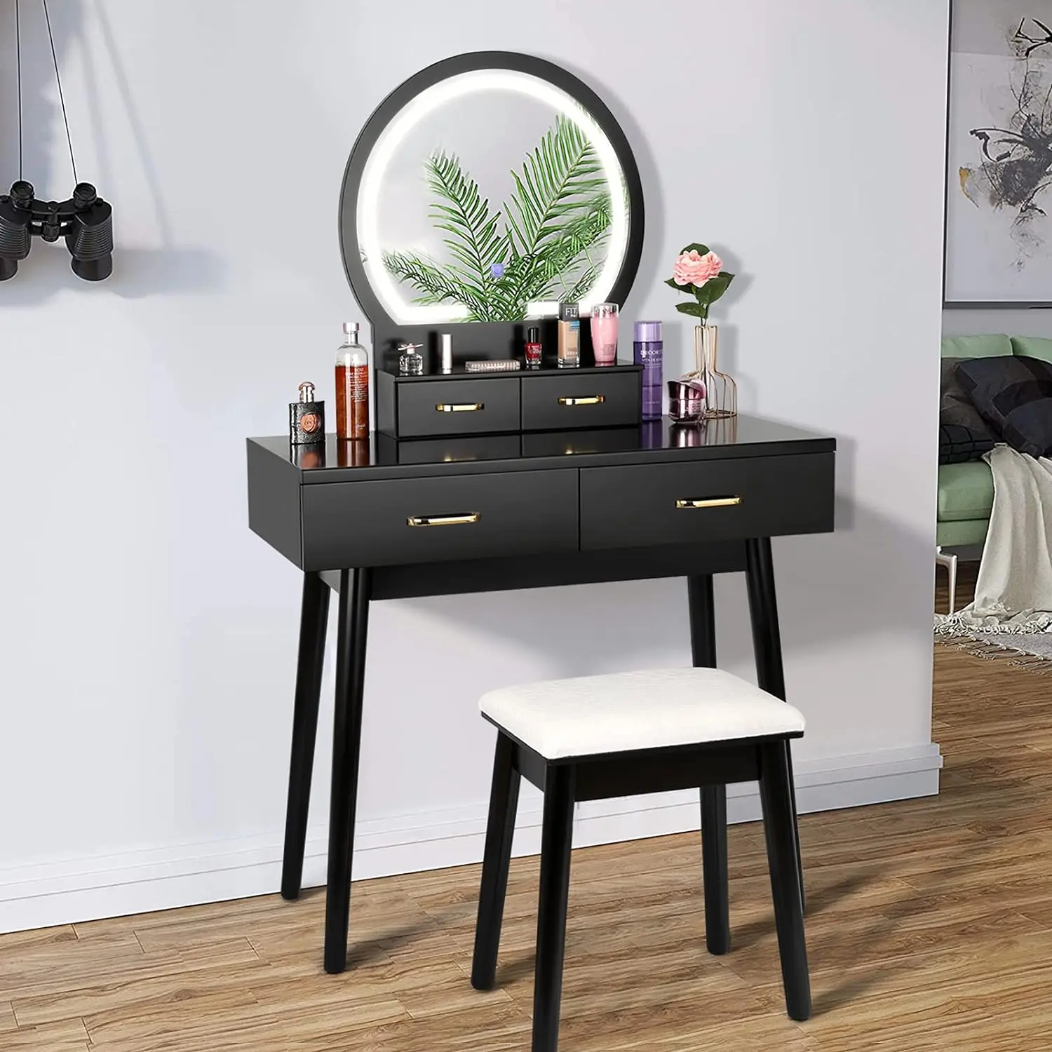 SMOOL Vanity Desk with Lighted Mirror 4 Drawers Makeup Table with Soft Cushioned Stool for Bedroom Studio, Black