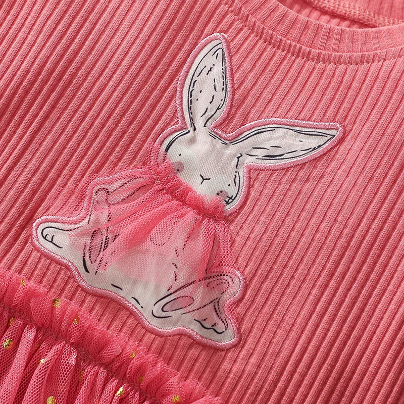 Little maven Baby Girls Kids Clothes Children\'s Clothing 2024 Autumn Cotton Cartoon Long Sleeves Rabbits Mesh Dresses 2-7 year