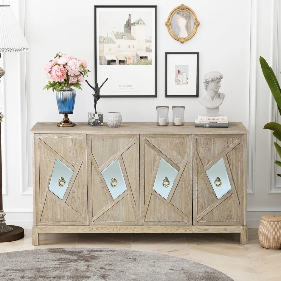 

Modern 4Door Cabinet with Mirrored Drative Doors for Bedroom Living Room Office Easy Assembly