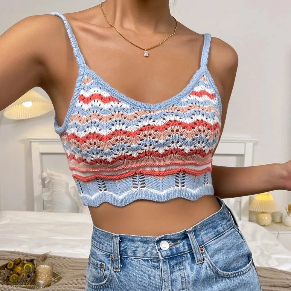 Spice Girls Camisole Plunge Sexy Ladies Knitter T-Shirts Women Outwear Clashing Color Stripe Knitted Tank Top Female Camis