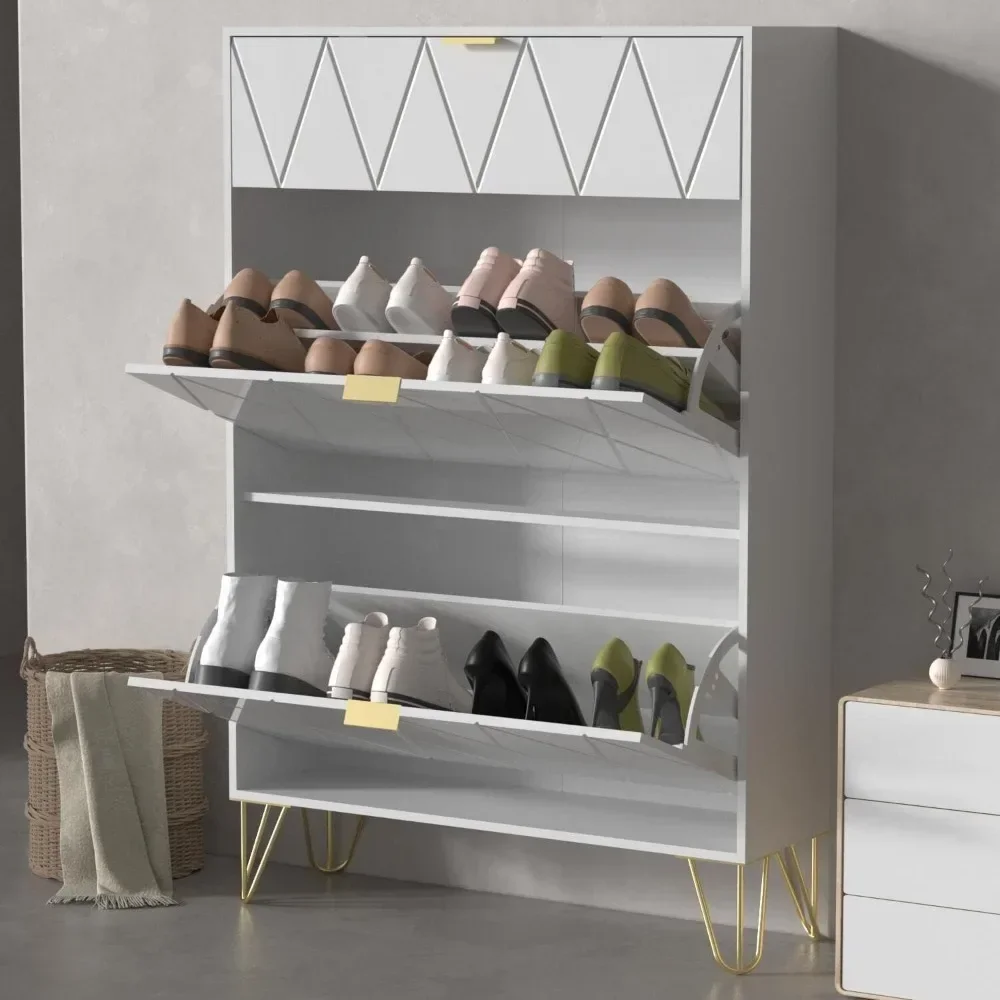 

Shoe Cabinet,Freestanding Shoe Rack Storage Organizer with Drawers & Metal Legs,Modern Shoe Storage Cabinet with 3 Flip Drawers