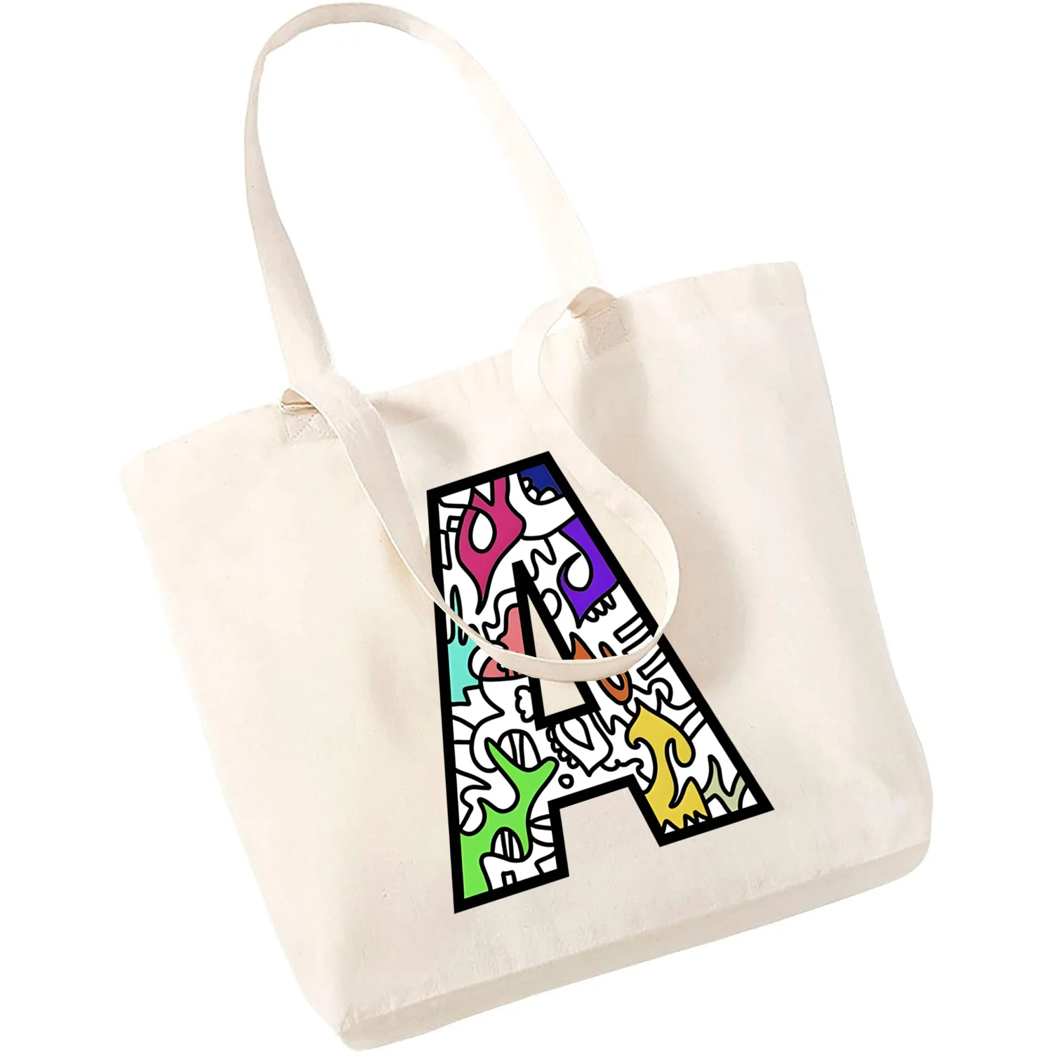 Coloring Alphabet 26 English Shopping Bag Print Original Design White Unisex Fashion Travel Canvas Bags