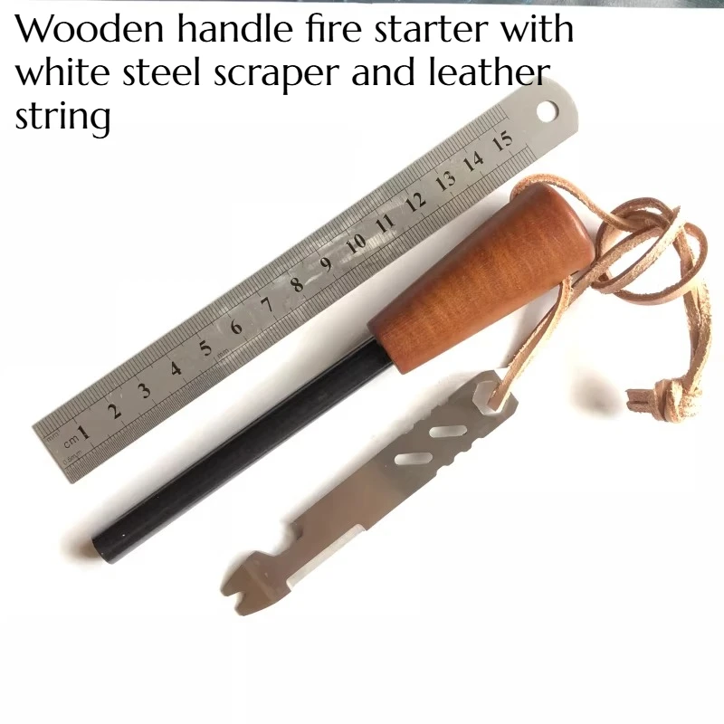 

New Model Wooden-handle Fire Starter with White Steel Scraper Cord 10*100mm Camping Emergency Survival Fire-making Device