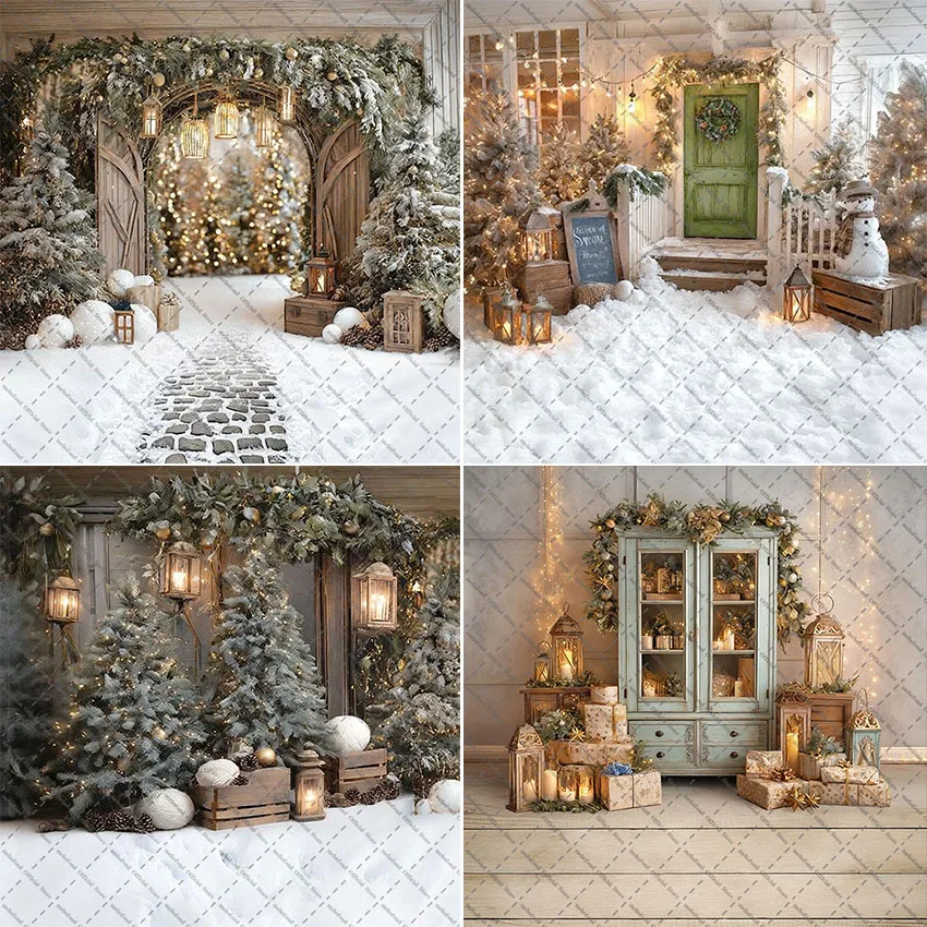 Mehofond Fotografie Hintergrund Weihnachten Winter Wald Schnee Holz Tür Weihnachtsbaum Kinder Familie Porträt Dekor Hintergrund Foto Studi