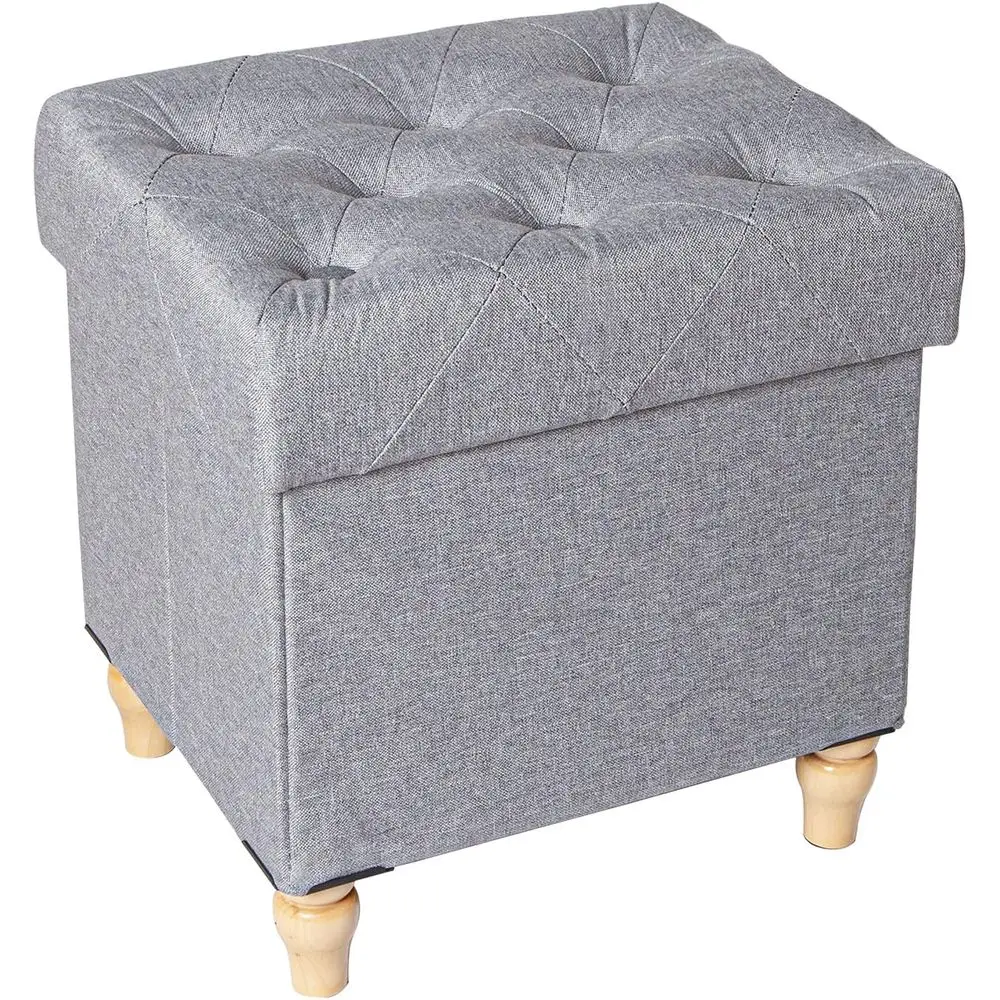 

olding Storage Ottoman Cube Linen ootstool with Wood Legs Ottoman ootrest or Living Room and Bedroom Brown, Grey 15"x12.6"x15.4”