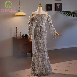 Customized   Luxury Tassels Sequins Silver Mermaid Evening Dress Long Sleeve Sparkling Fishtail Banquet Elegant Formal Gowns