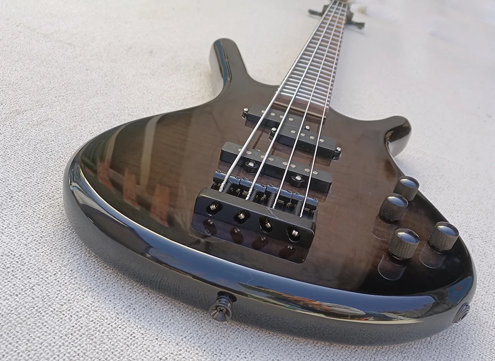 4 Strings Black Electric Bass with Rosewood Fretboard,Flame maple Veneer,Custmizable