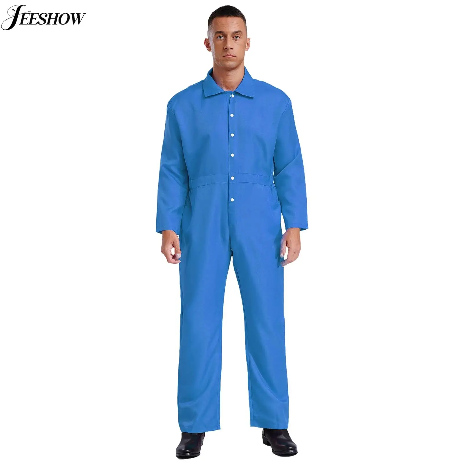 Mens Long Sleeve Coveralls Solid Color Work Blend Turn-Down Collar Button-Up Jumpsuits Dustproof One Piece Workshop Uniforms