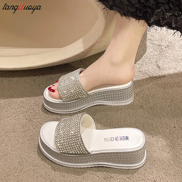 rhinestone slippers Sequined High-heeled One-word Slippers Women Summer Outer Wear Platform Beach Comfort Sandals slippers women