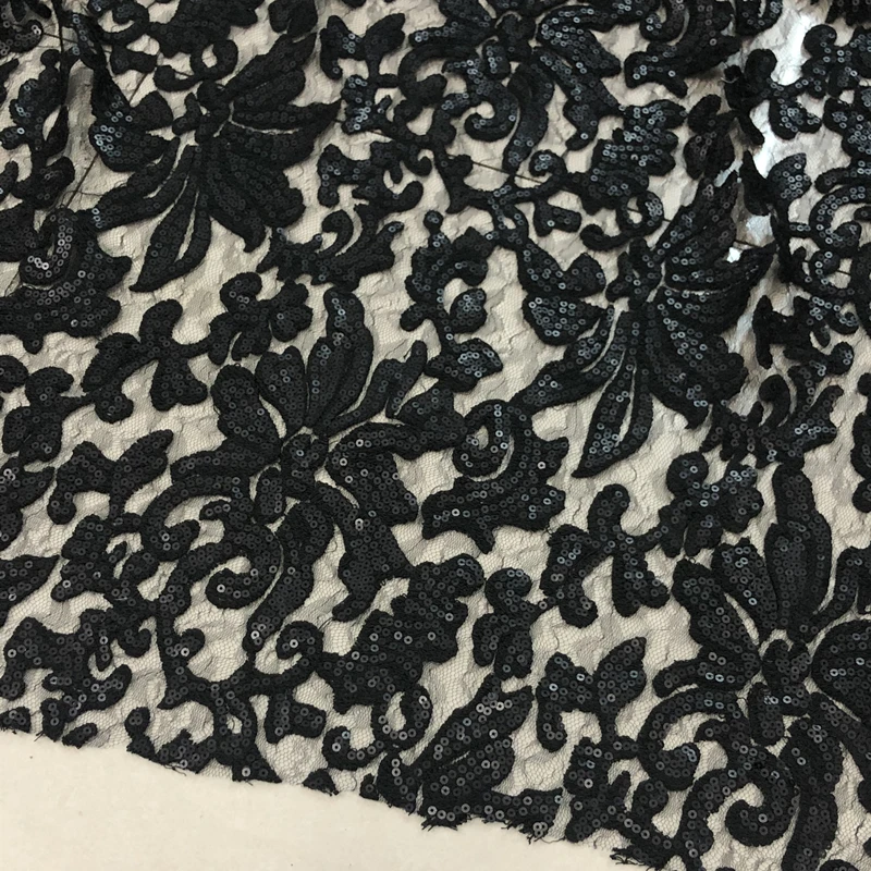 Pure Black Lace Fabric Embroidered Sequins Summer Designer Dress Apparel Sewing Fabrics Cloth for Per Meter Diy Material