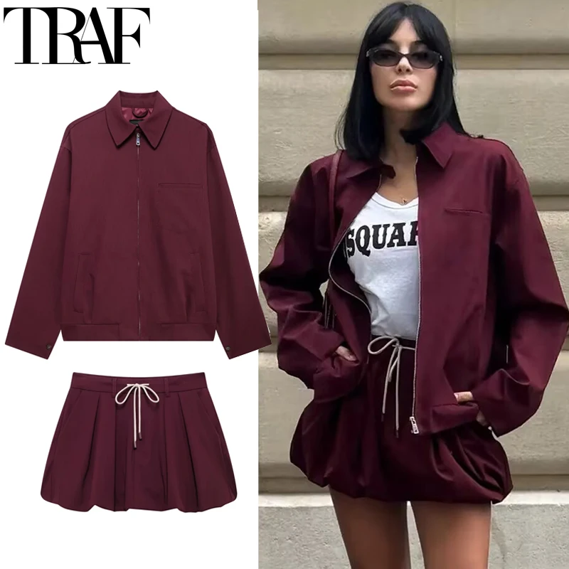 TRAF Balloon Skirt Sets For Women 2 Pieces Autumn Demi-Season Jacket Women\'s Two Pieces Set Long Sleeve Outerwears Pleated Skirt